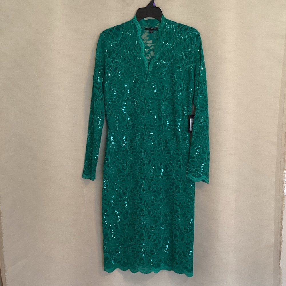 Emerald Green Lace Sequin Long Sleeve Sheath Dress